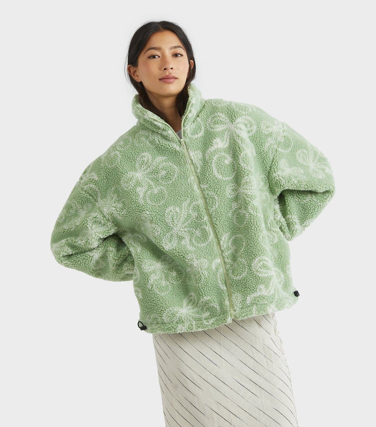 Skinnydip Women's Green Cherry Pattern Borg Jacket Skinnydip New Look