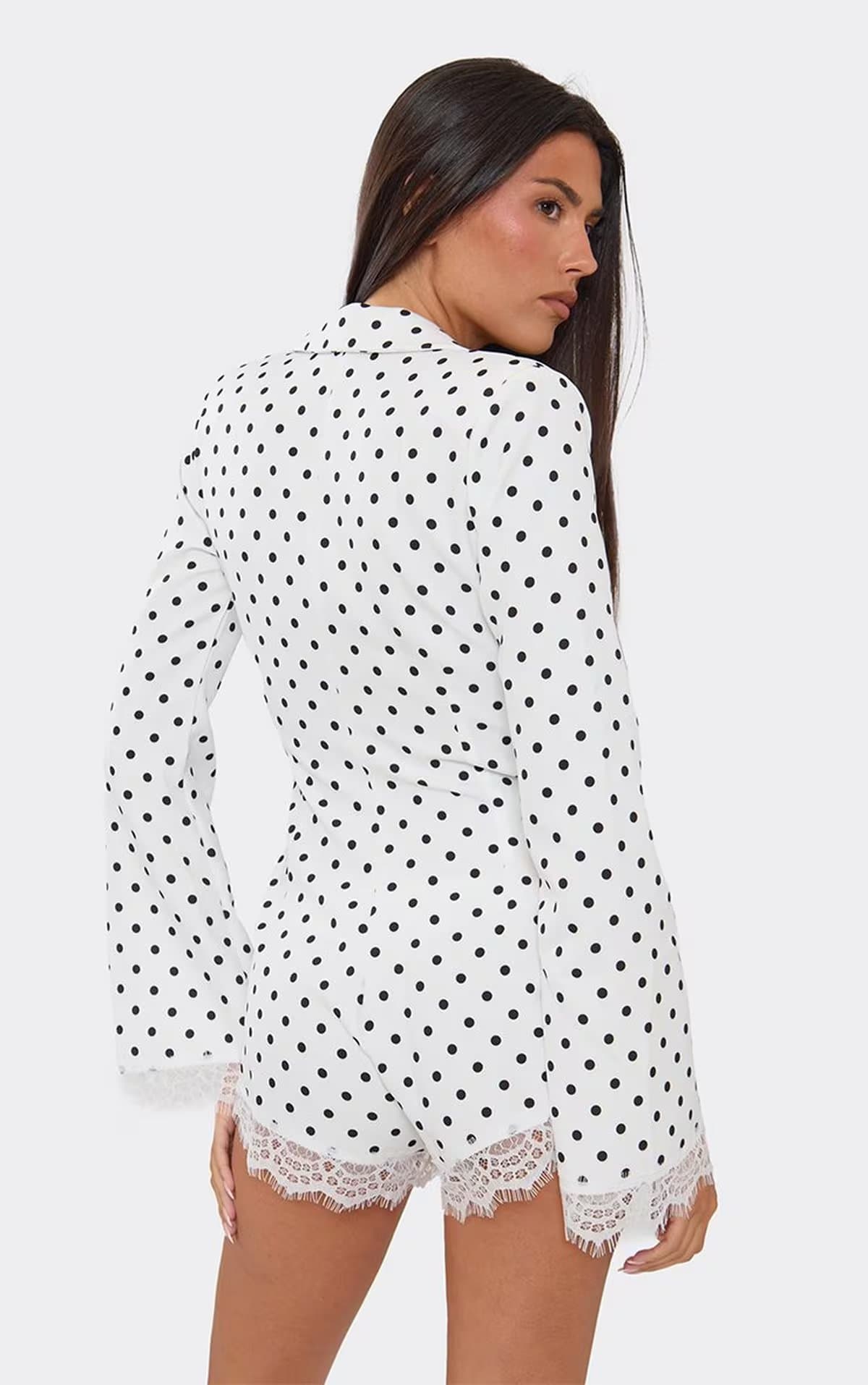 EGO Long Sleeve Plunge Front Lace Trim Playsuit In White Polka Dot, Women's Size UK 6