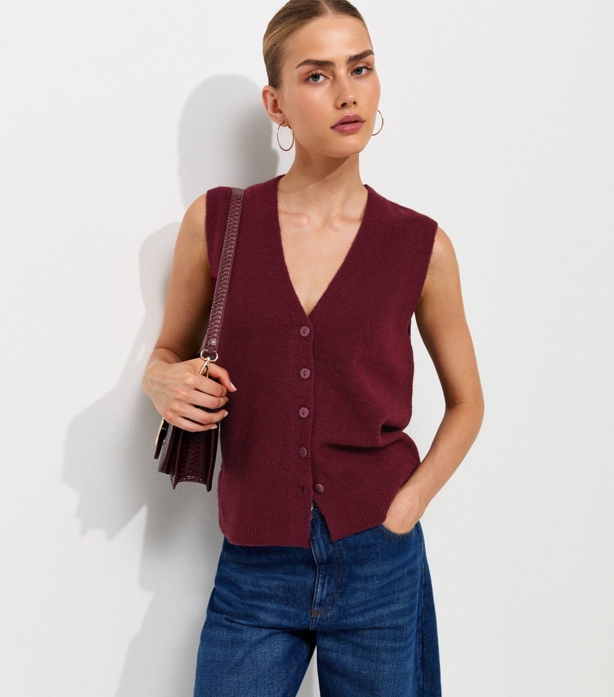 New Look Dark Burgundy Knit Button Through V-Neck Waistcoat
