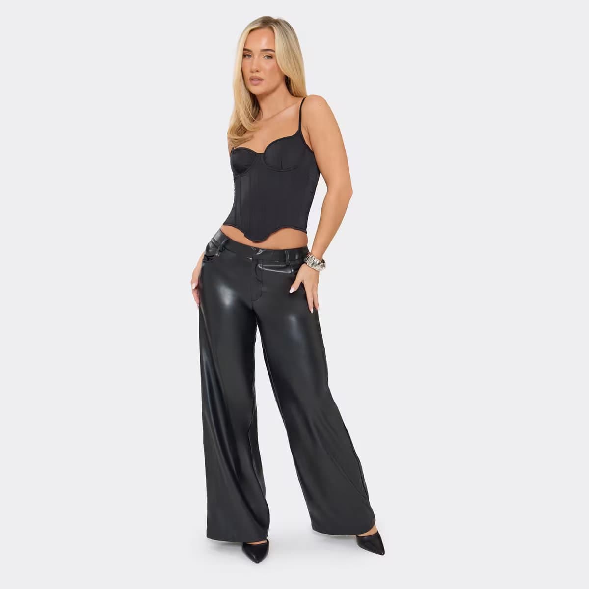 EGO Low Rise Wide Leg Trousers In Black Faux Leather, Women's Size UK 6