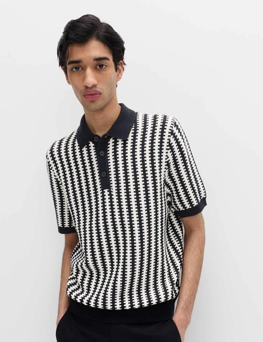 Marks & Spencer M&S Pure Cotton Textured Striped Knitted Polo Shirt Black Mix