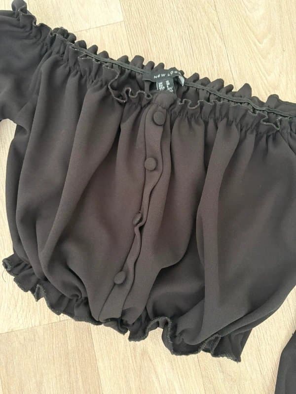 New Look New Look Black Off Shoulder Long Sleeve Crop Top UK 10 Ruched Bardot Y2K