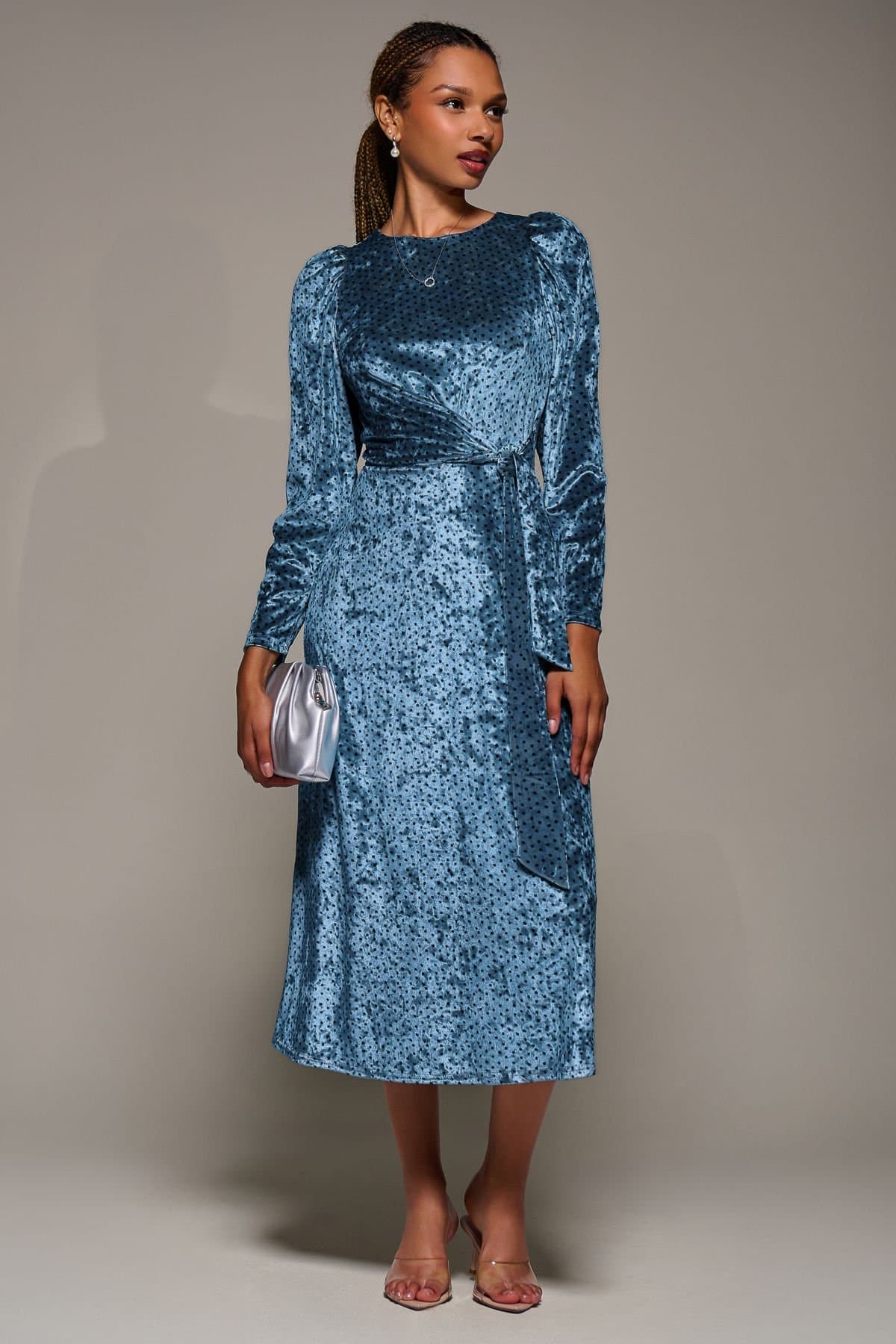 Jolie Moi Jolie Moi Women's Long Sleeve Velvet Tie Detail Midi Dress in Blue