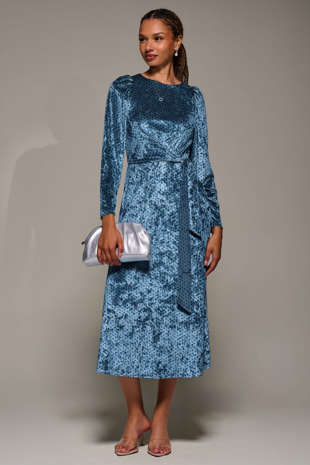 Jolie Moi Jolie Moi Women's Long Sleeve Velvet Tie Detail Midi Dress in Blue - 4