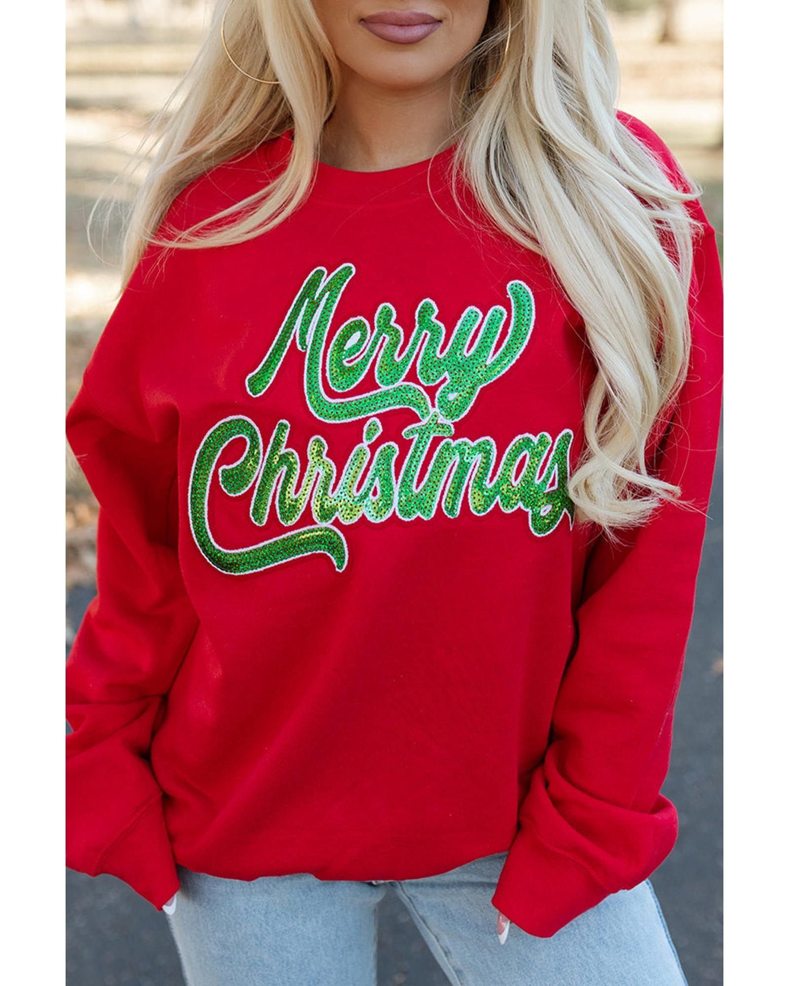 Azura Exchange Azura Exchange Women's Red Merry Christmas Crewneck Drop Shoulder Loose Sweatshirt - 1