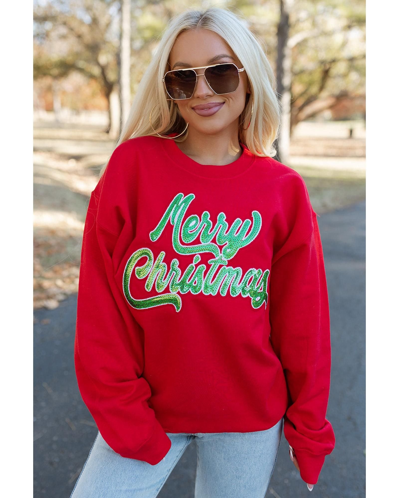 Azura Exchange Azura Exchange Women's Red Merry Christmas Crewneck Drop Shoulder Loose Sweatshirt - 2