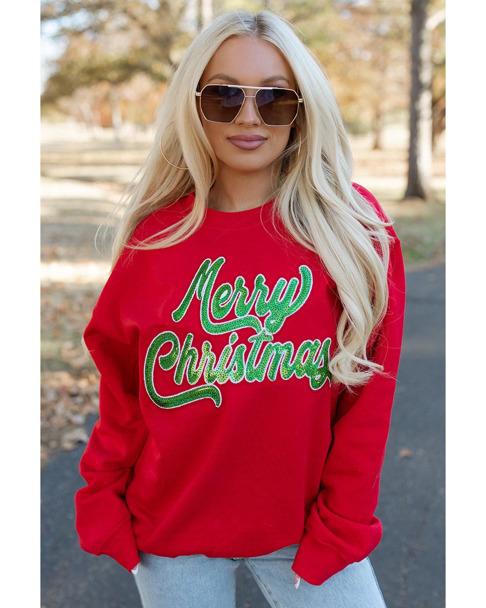 Azura Exchange Azura Exchange Women's Red Merry Christmas Crewneck Drop Shoulder Loose Sweatshirt - 3
