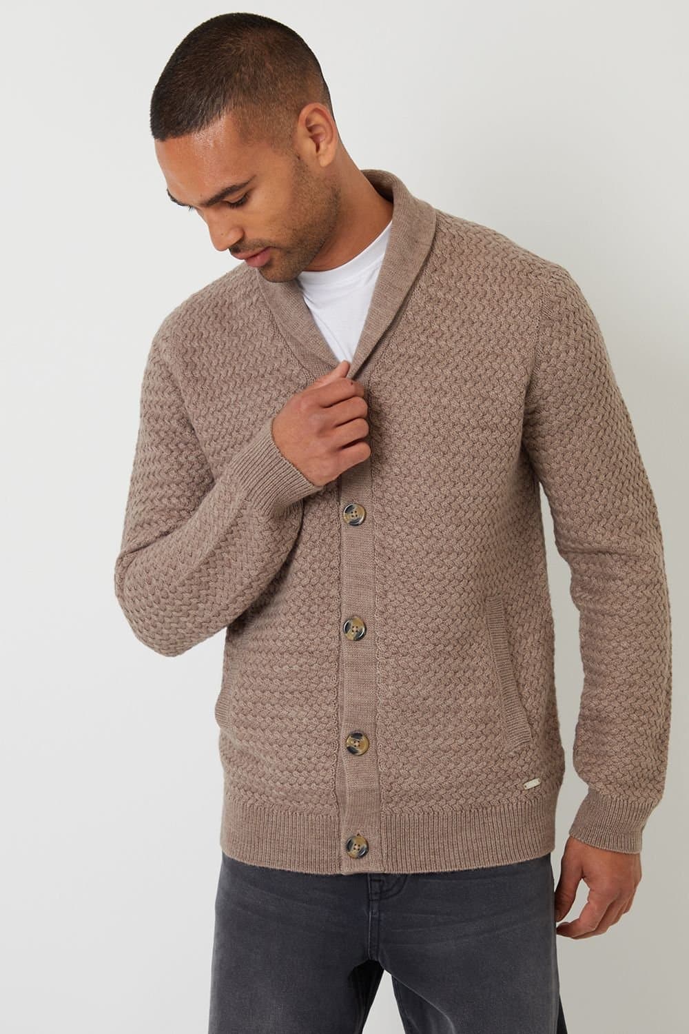 Threadbare Threadbare Men's Shawl Collar Knitted Cardigan in Taupe