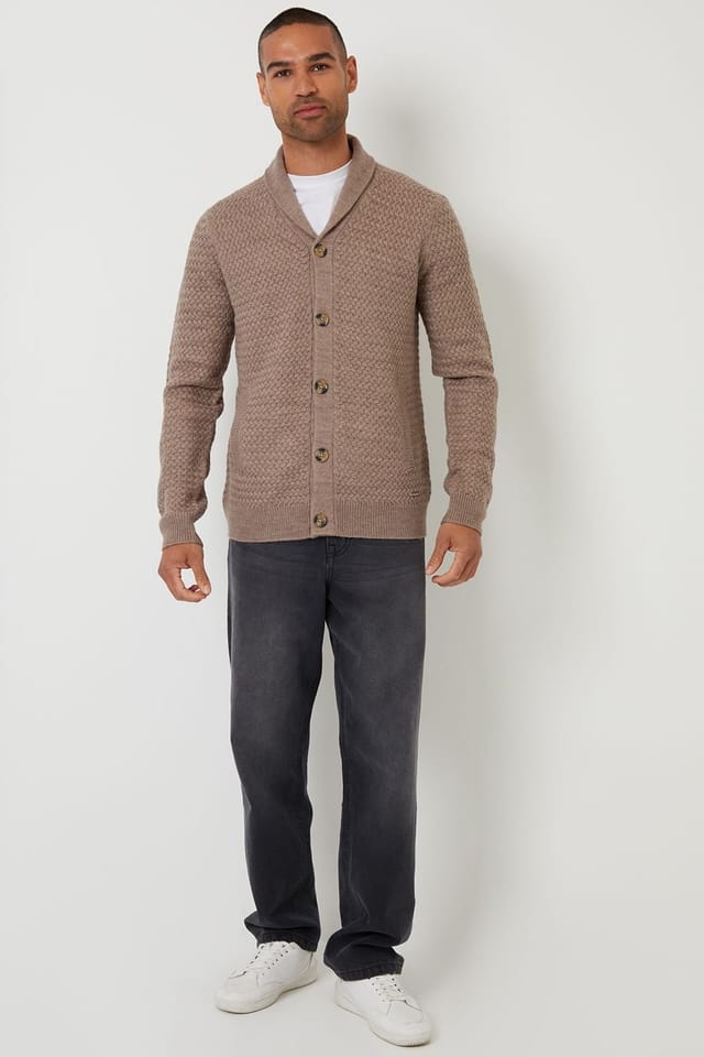 Threadbare Threadbare Men's Shawl Collar Knitted Cardigan in Taupe - 3