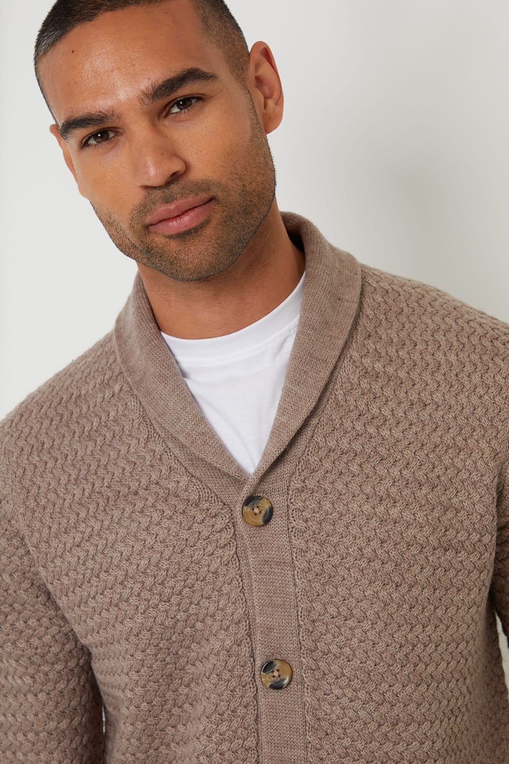 Threadbare Threadbare Men's Shawl Collar Knitted Cardigan in Taupe - 4