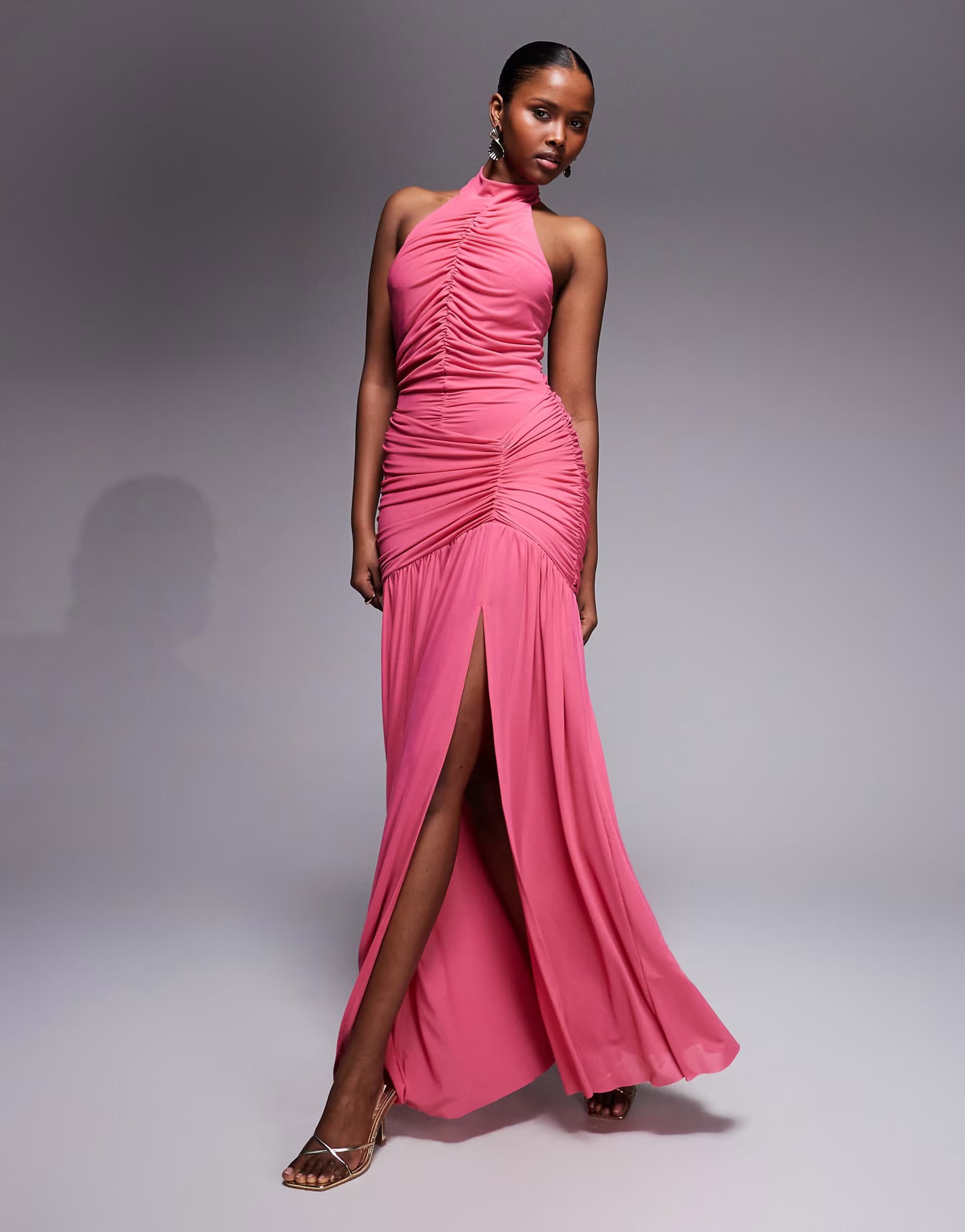 ASOS Ruched & Ready sculpting ruched body drape hem open slit maxi dress in pink