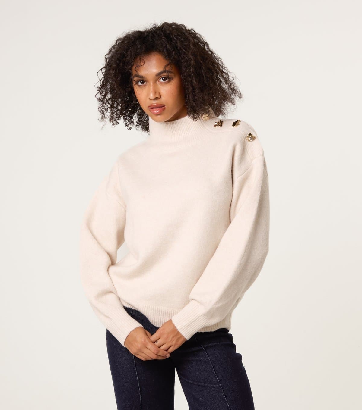 Blue Vanilla Women's Stone High Neck Button Detail Jumper Blue Vanilla New Look