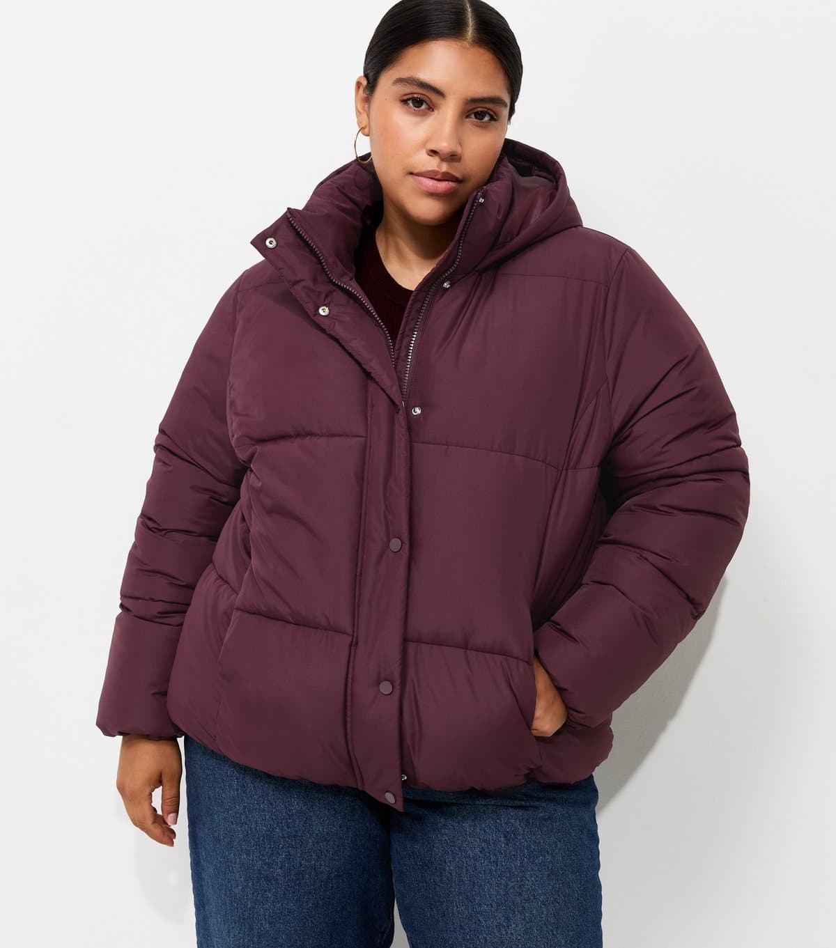 New Look Women's Plus Size Dark Burgundy Cropped Puffer Jacket Curves New Look