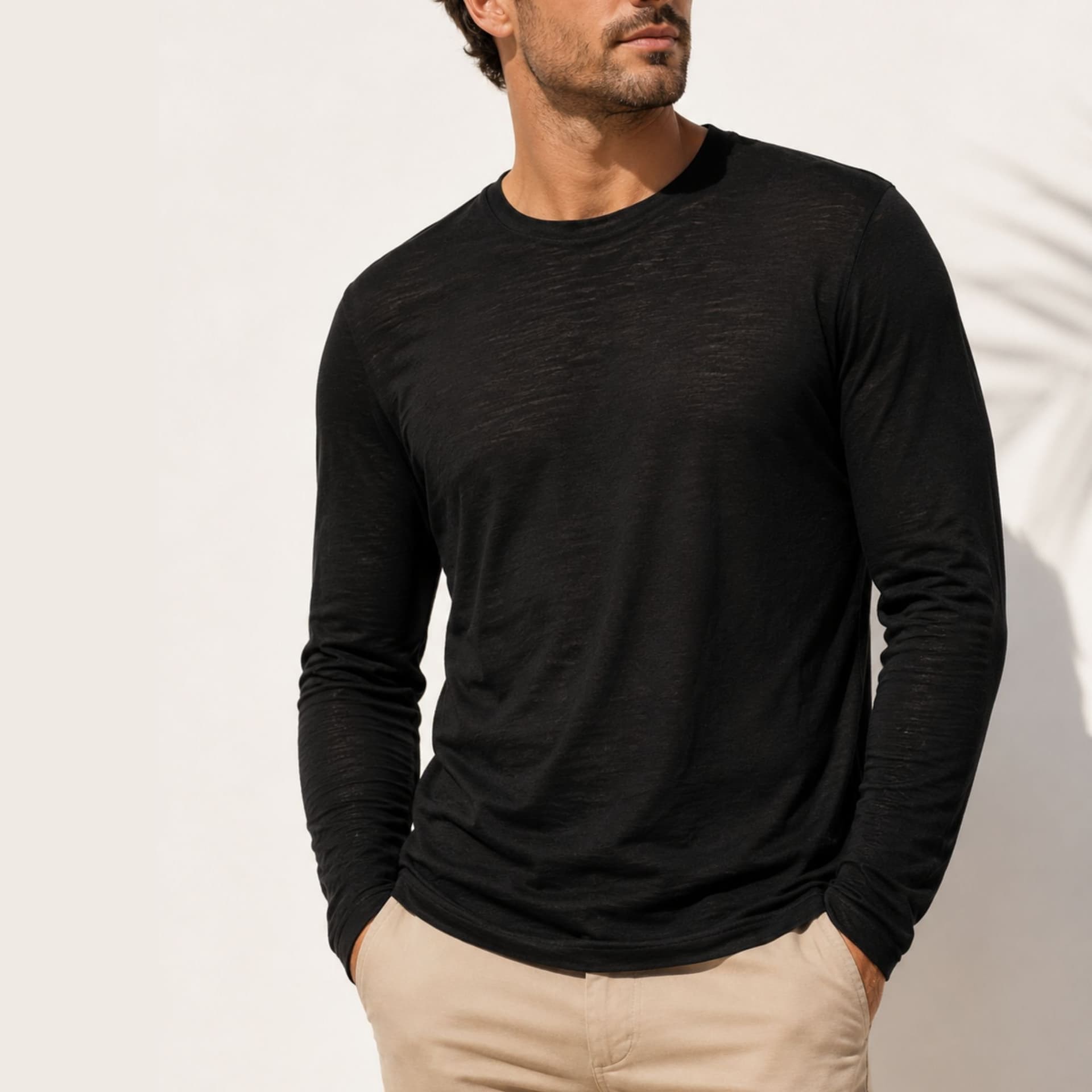 Panos Emporio Panos Emporio Men's Merino Wool Men's' Long Sleeve T-Shirt in Black with Crew Neck