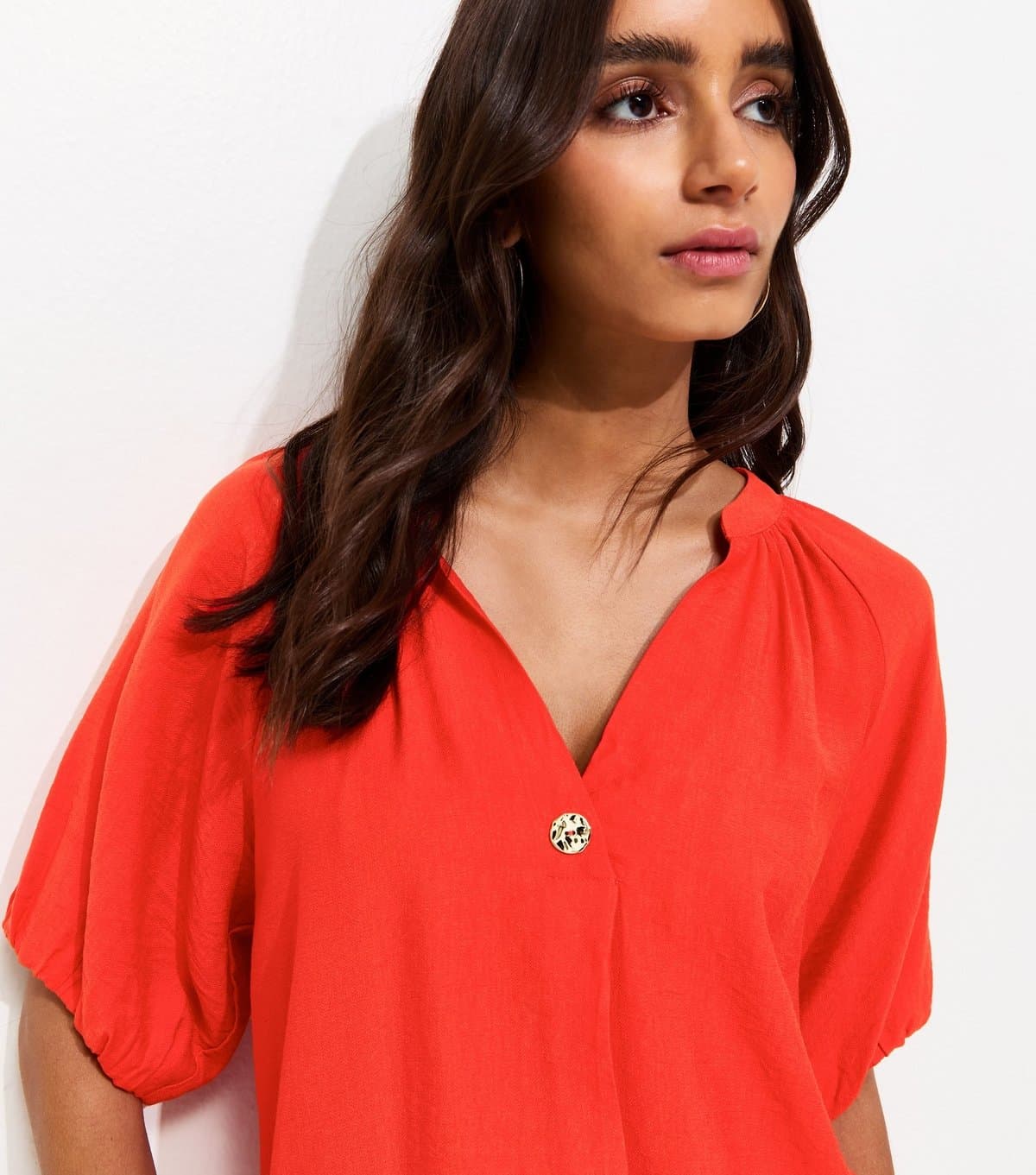 New Look Women's Red Puff Sleeve V-Neck Blouse New Look