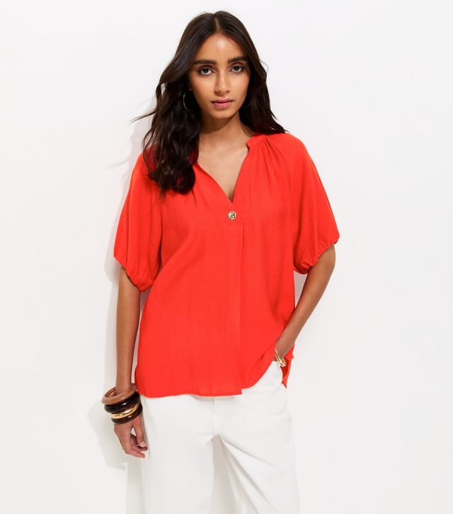 New Look Women's Red Puff Sleeve V-Neck Blouse New Look - 2