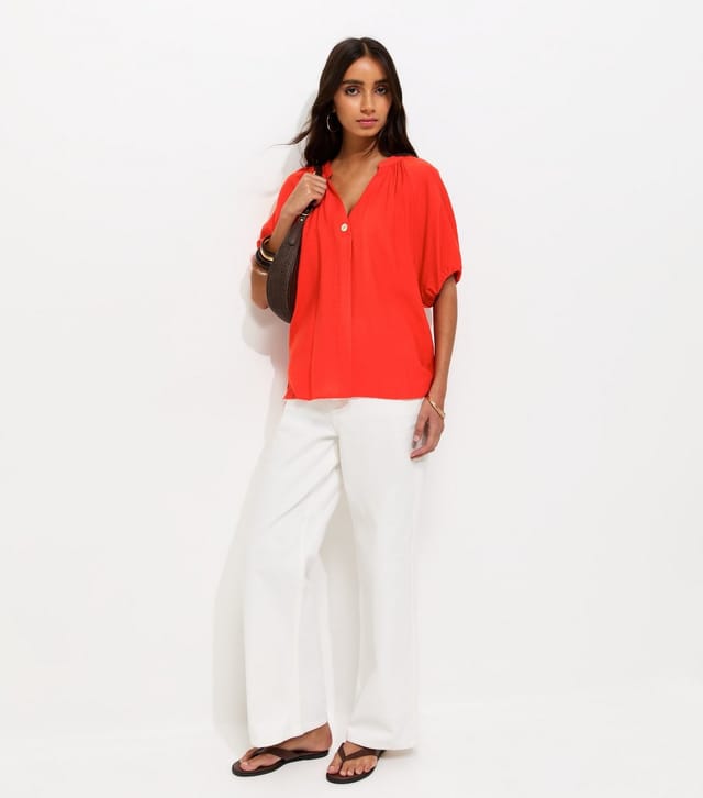 New Look Women's Red Puff Sleeve V-Neck Blouse New Look - 3