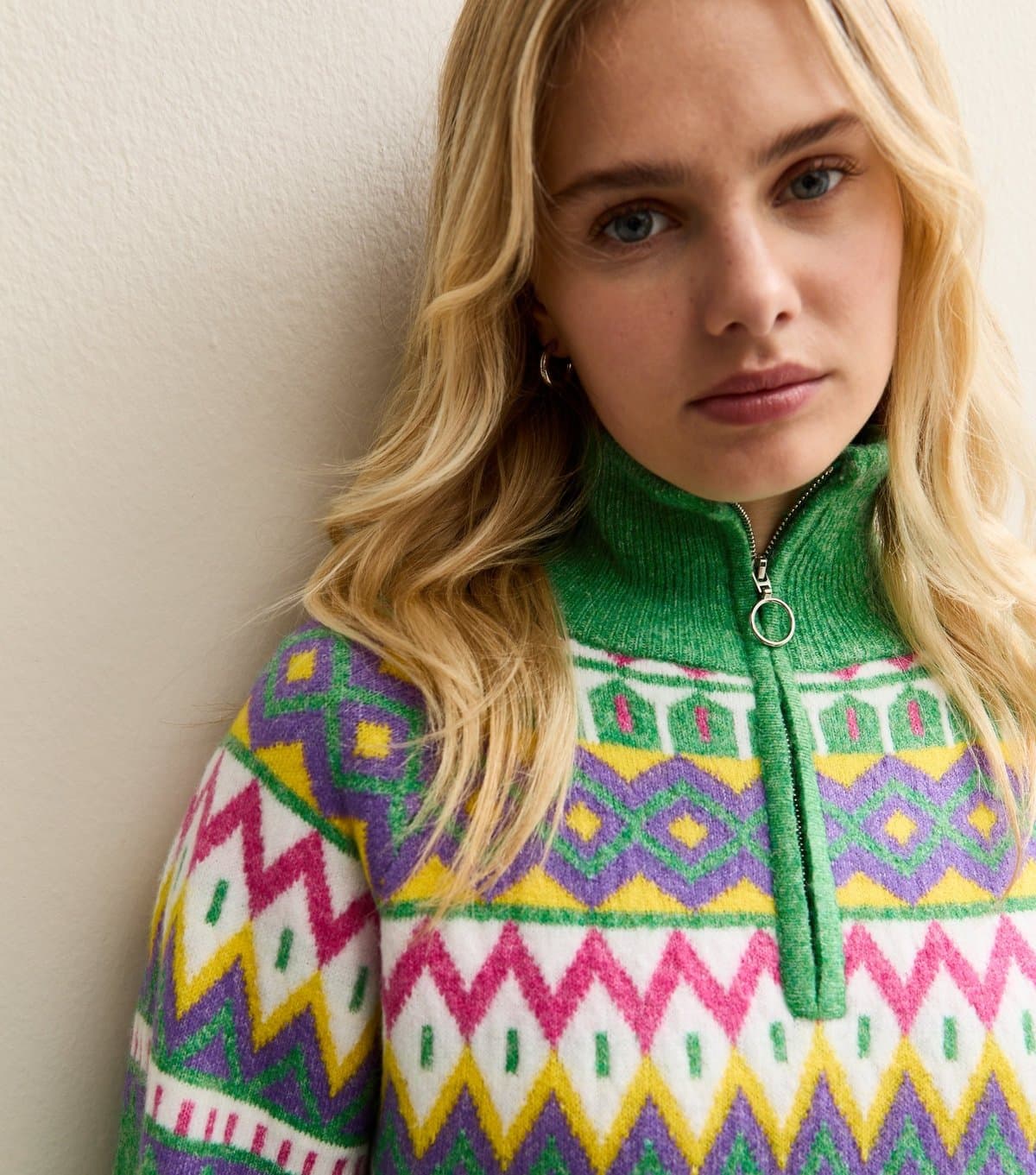 Sunshine Soul Women's Green Fair Isle Quarter Zip Jumper Sunshine Soul New Look