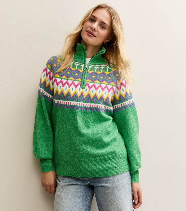 Sunshine Soul Women's Green Fair Isle Quarter Zip Jumper Sunshine Soul New Look - 2