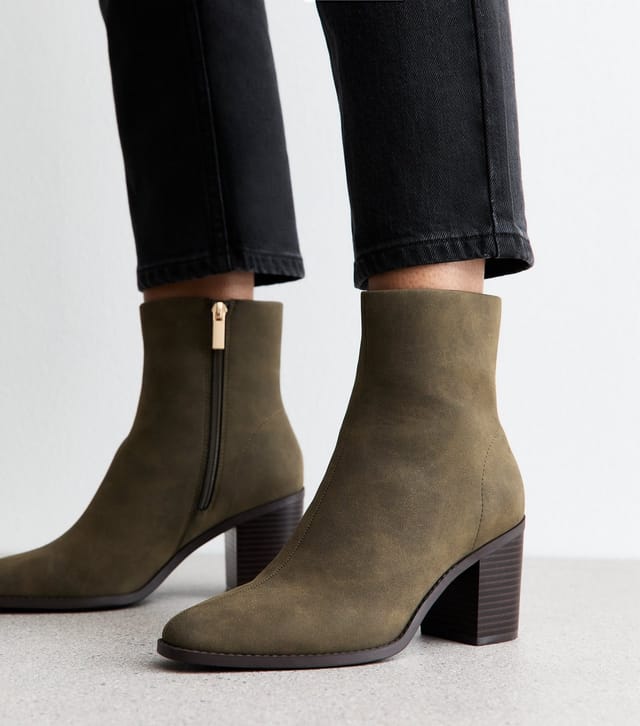 New Look Women's Dark Khaki Faux Suede Almond Toe Ankle Boots Vegan New Look - 2
