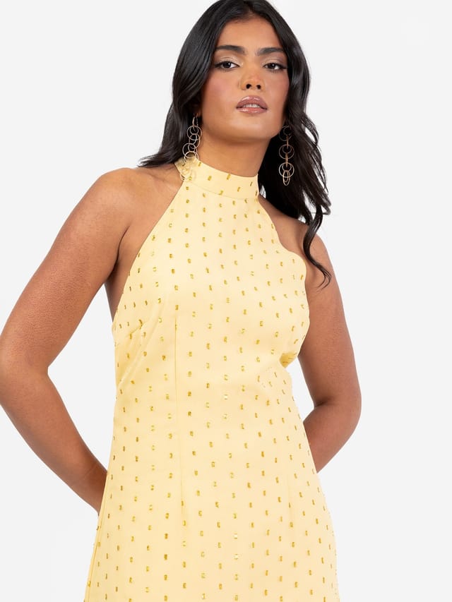Anaya with Love Anaya with Love Women's Gold Foil Halter Neck Maxi Dress in Yellow - 2