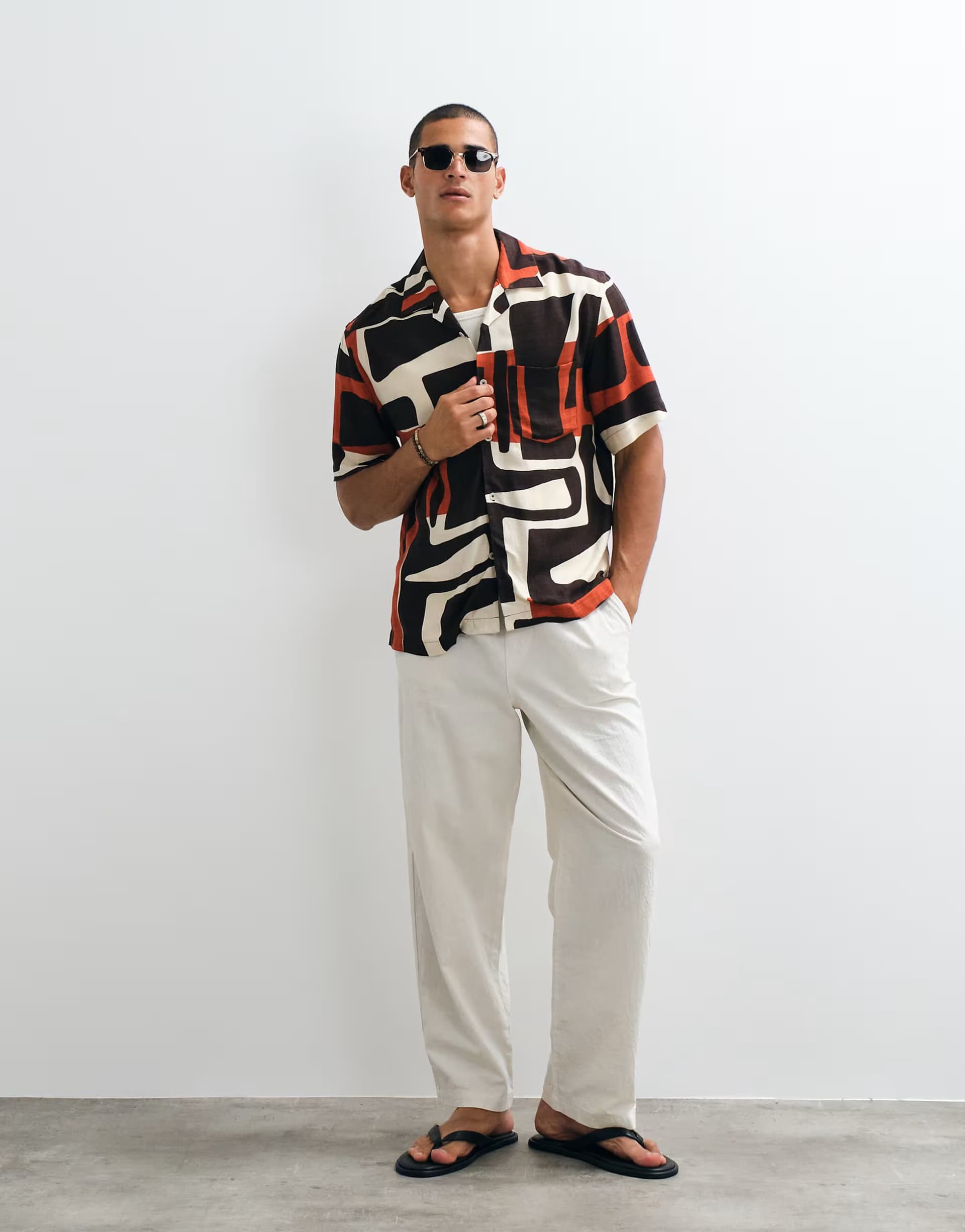 ASOS Mango abstract retro print short sleeve shirt in brown