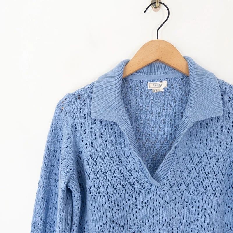 Fat Face Fat Face Charlotte Pointelle Knit Jumper Size 14 Cornflower Blue Cotton V Neck