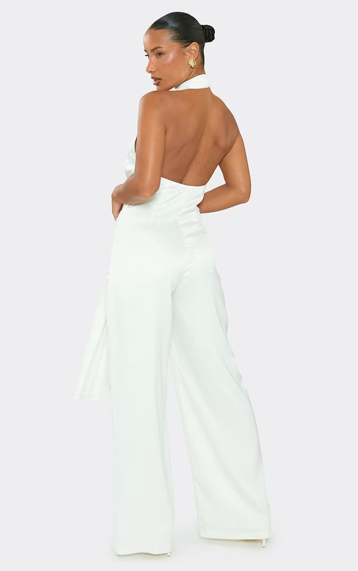 EGO Halterneck Keyhole Cut Out Tie Drape Front Detail Jumpsuit In Ivory, Women's Size UK 6