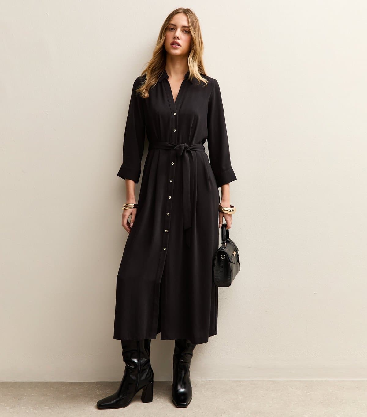 New Look Women's Black Long Sleeve Crepe Midi Shirt Dress New Look