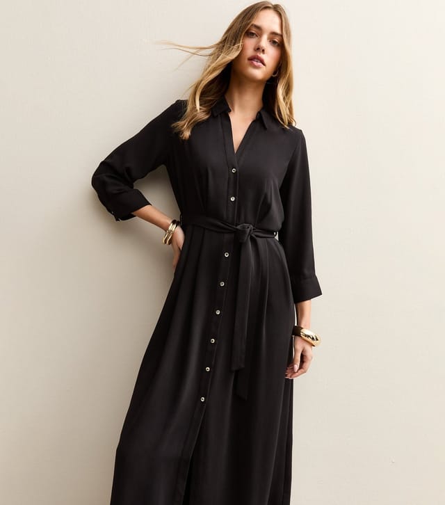 New Look Women's Black Long Sleeve Crepe Midi Shirt Dress New Look - 2