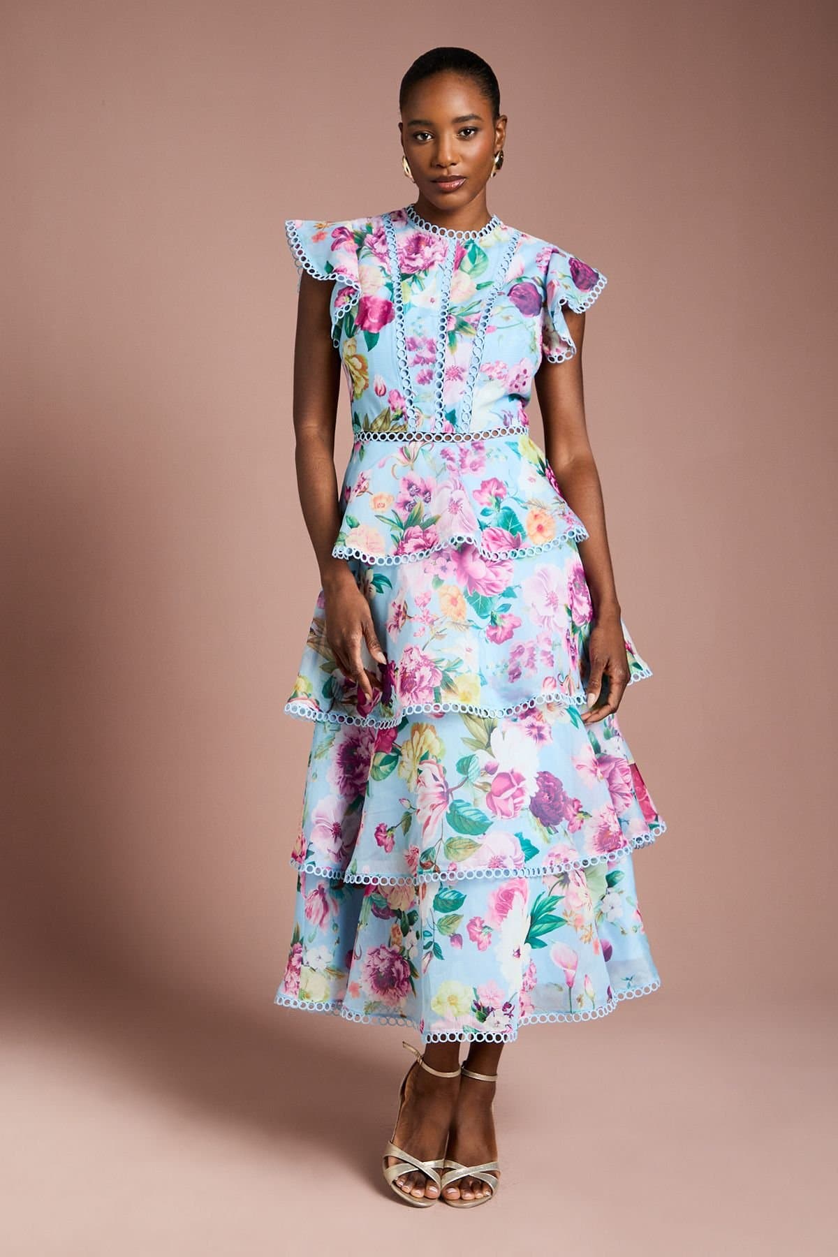 Coast Coast Women's Lace Trim Tiered Organza Midi Dress in Pale Blue