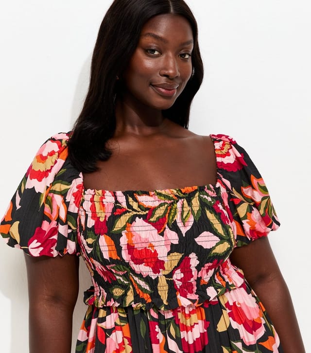 New Look Women's Plus Size Black Floral Print Milkmaid Midi Dress Curves New Look - 3