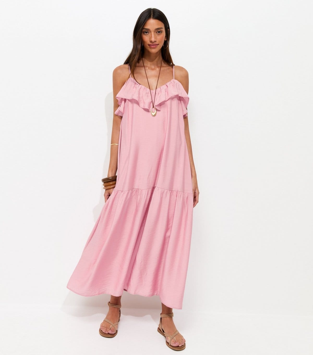 New Look Light Pink Ruffle Trim Cami Midi Dress