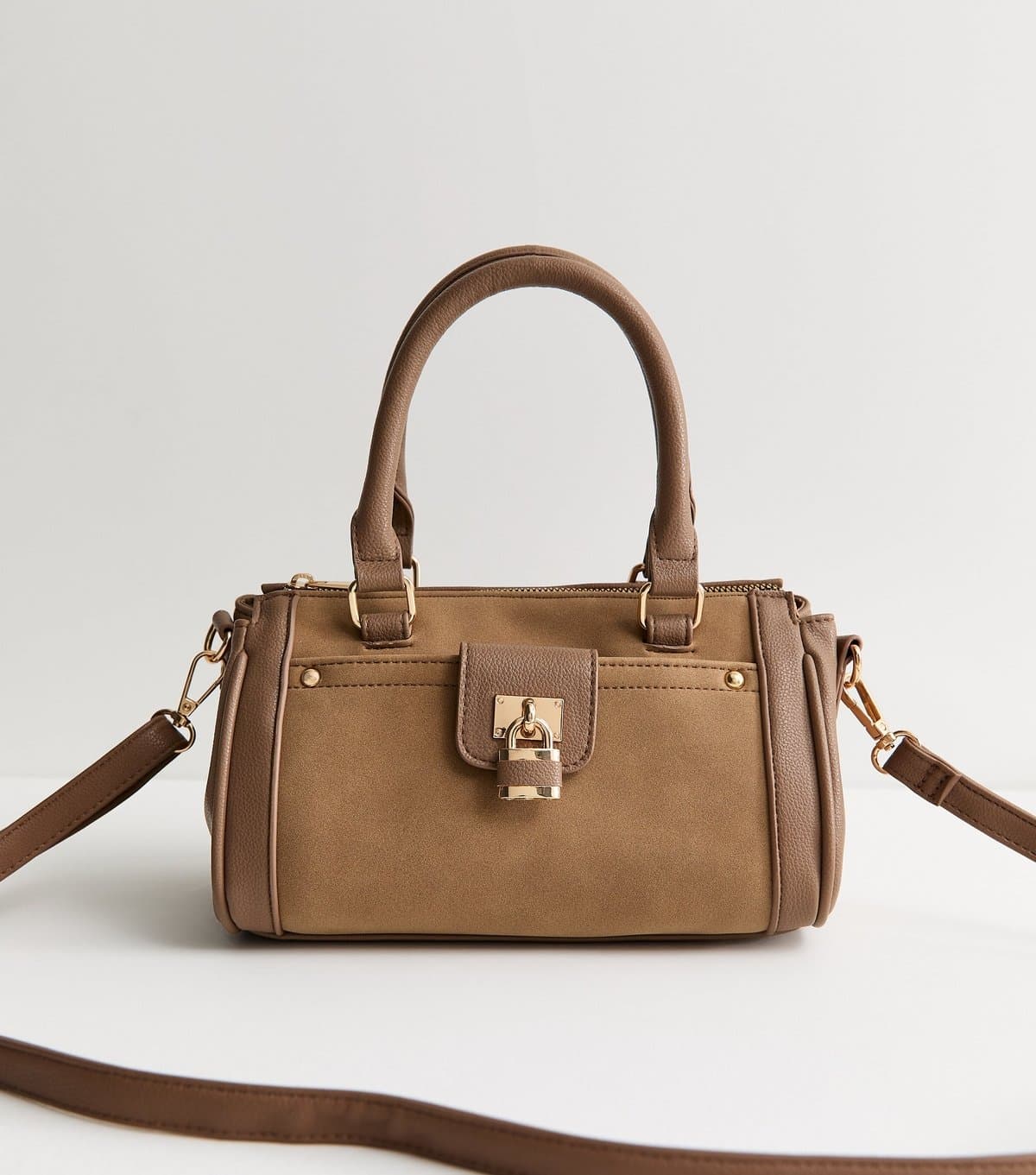 New Look Mink Faux Brushed Leather Padlock Crossbody Bag New Look