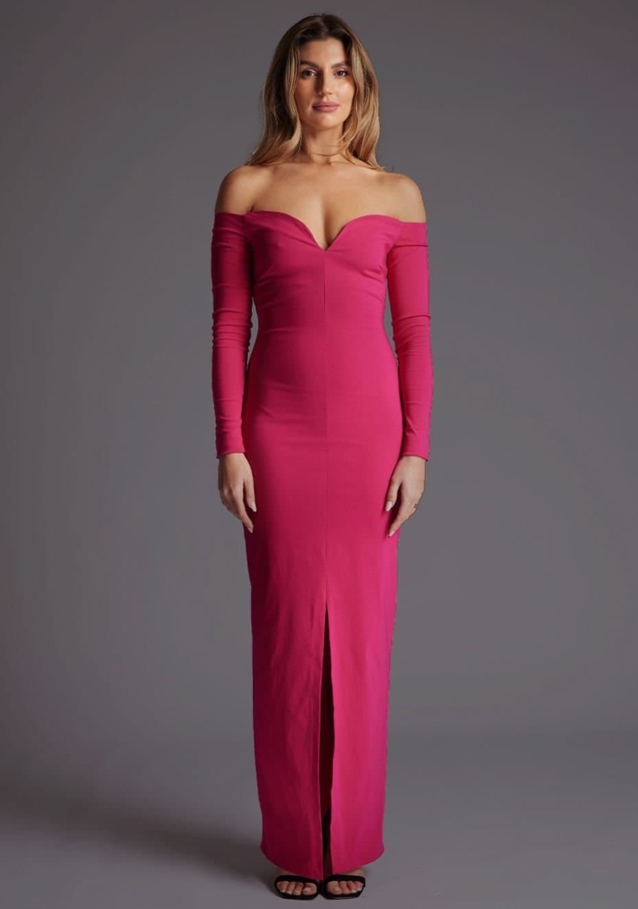 Vesper Vesper Women's Bardot Long Sleeve Maxi Dress in Cerise
