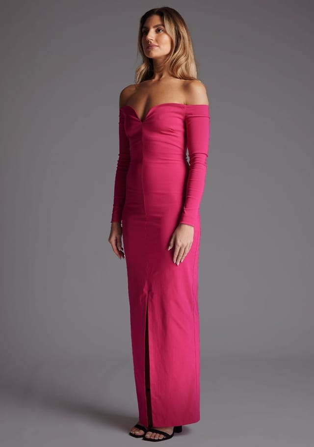 Vesper Vesper Women's Bardot Long Sleeve Maxi Dress in Cerise - 2