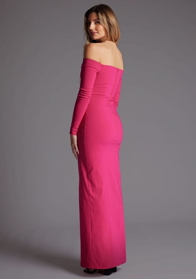 Vesper Vesper Women's Bardot Long Sleeve Maxi Dress in Cerise - 3
