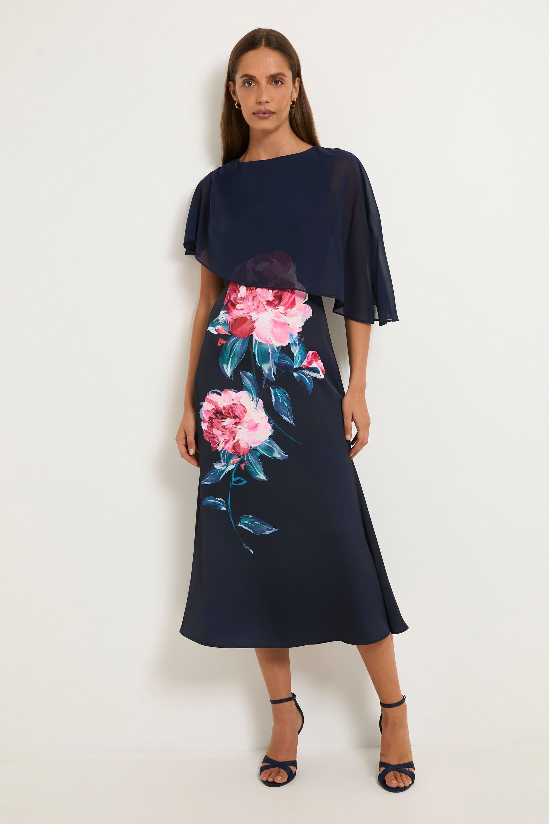 Wallis Wallis Women's Floral Cape Detail Midi Dress in Navy