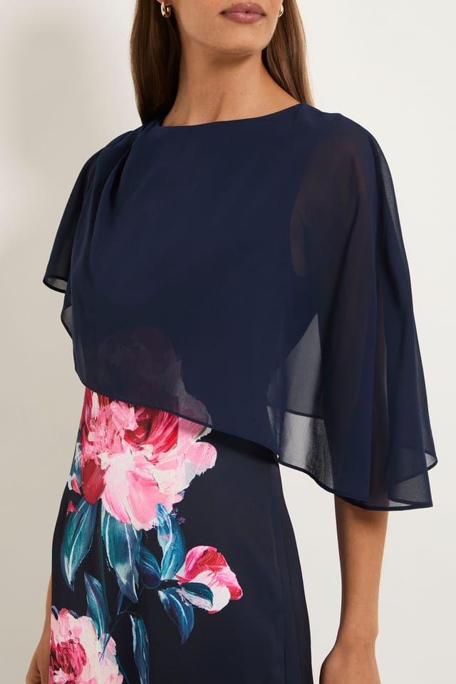 Wallis Wallis Women's Floral Cape Detail Midi Dress in Navy - 2