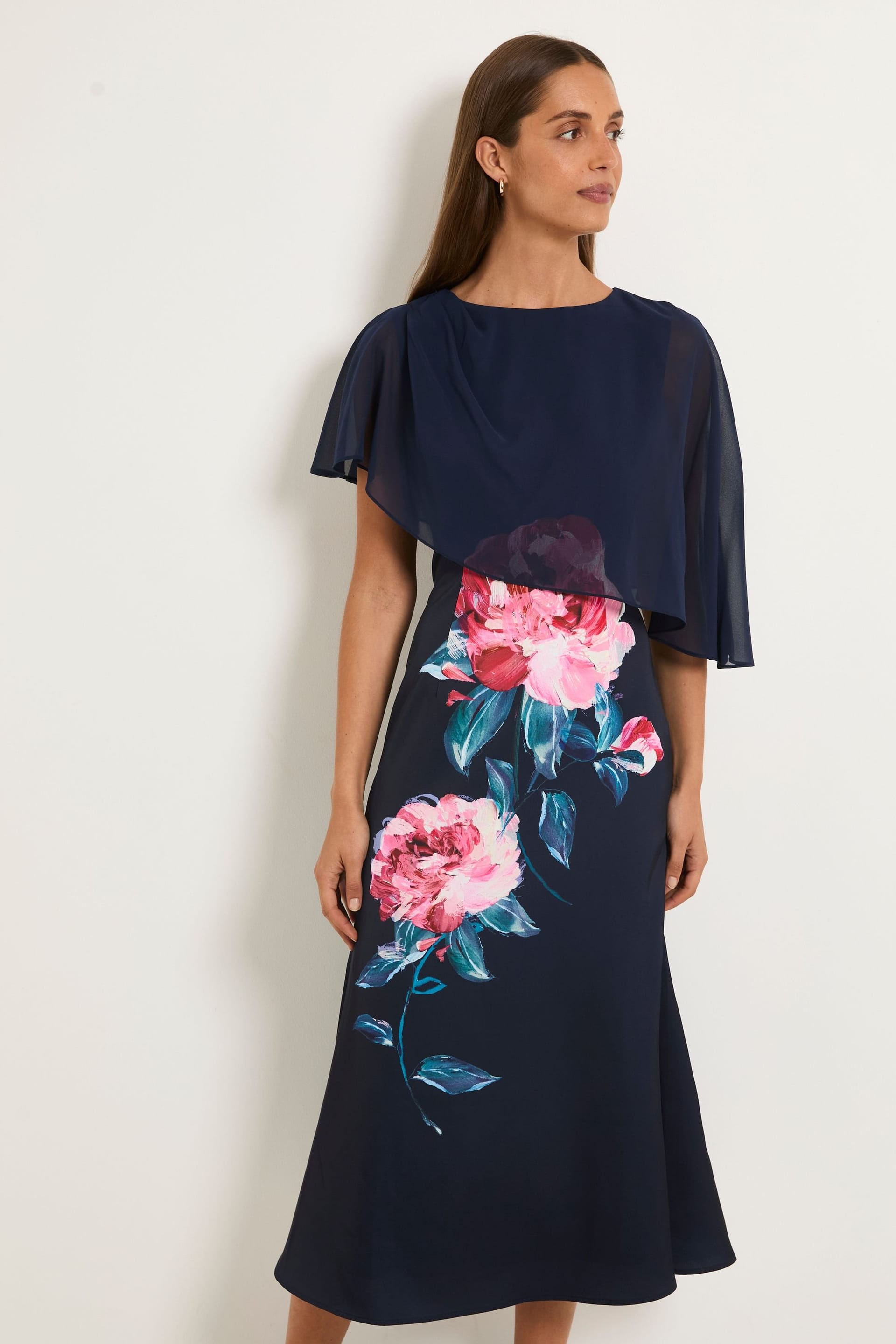 Wallis Wallis Women's Floral Cape Detail Midi Dress in Navy - 4
