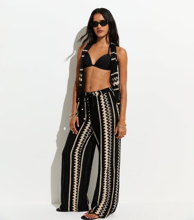 New Look Women's Black With Cotton Wide Leg Crochet Knit Trousers New Look - 3