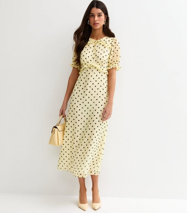 New Look Women's Yellow Chiffon Polka Dot Short Sleeve Midi Dress New Look - 3