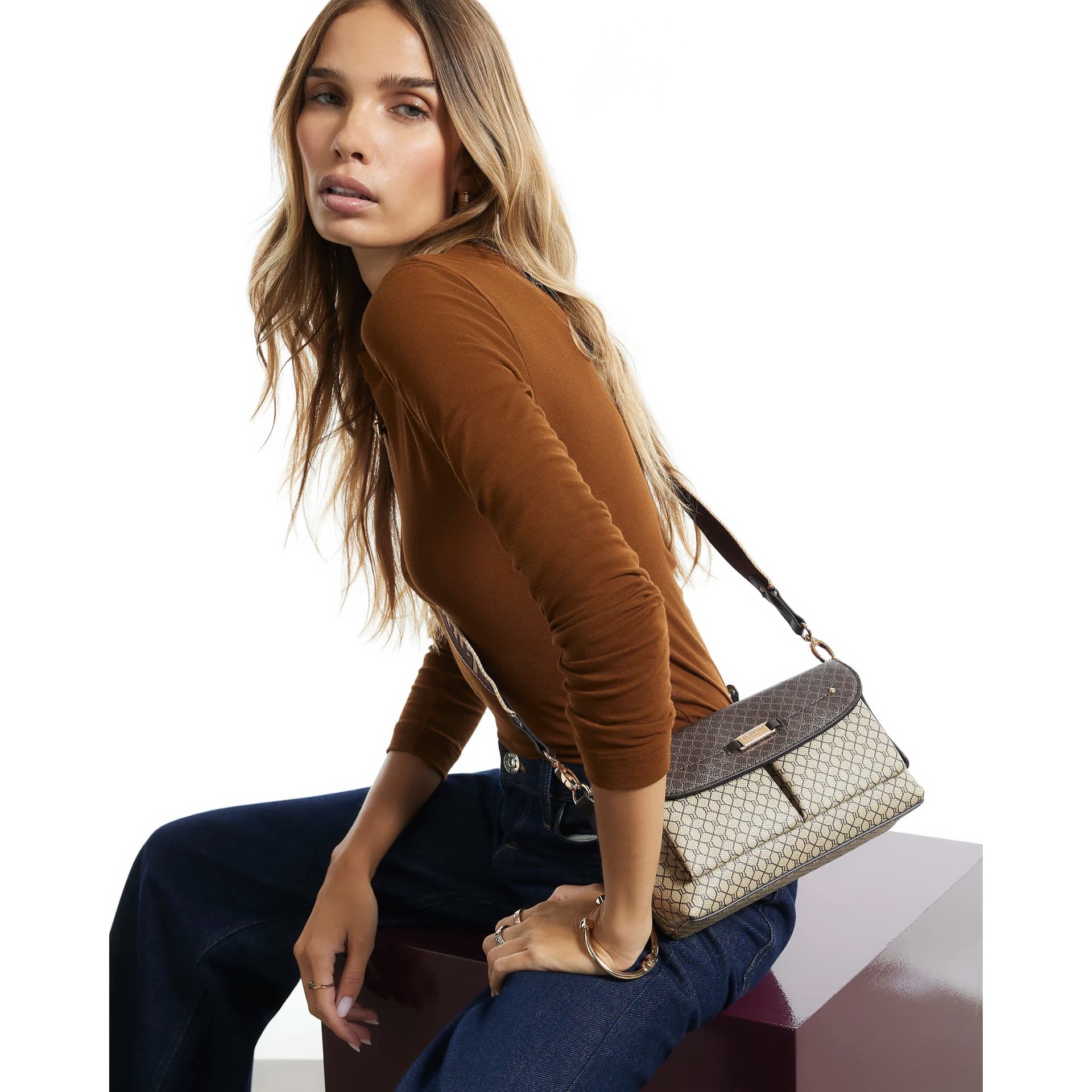 River Island River Island Womens Brown Double Pocket Utility Crossbody Bag