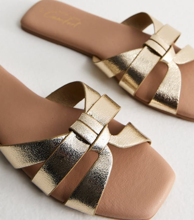 New Look Women's Gold Faux Leather Interwoven Flat Mules Vegan New Look - 3