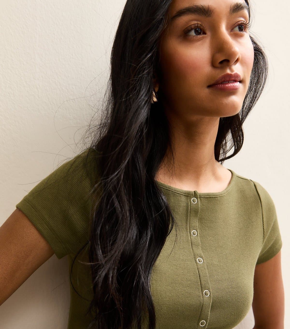 New Look Women's Dark Khaki Popper Through Top New Look