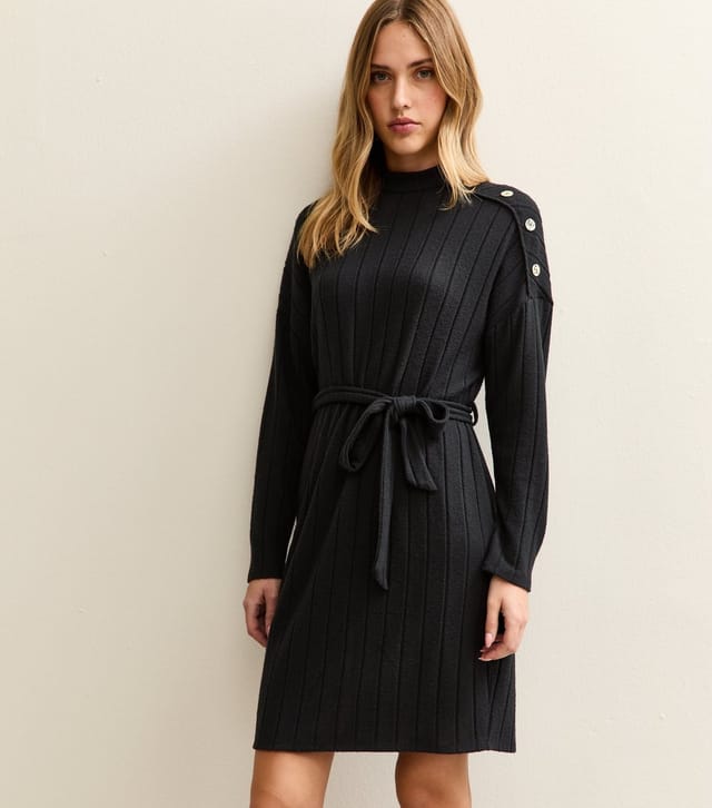 New Look Women's Black Rib Buttoned Shoulder Mini Dress New Look - 3