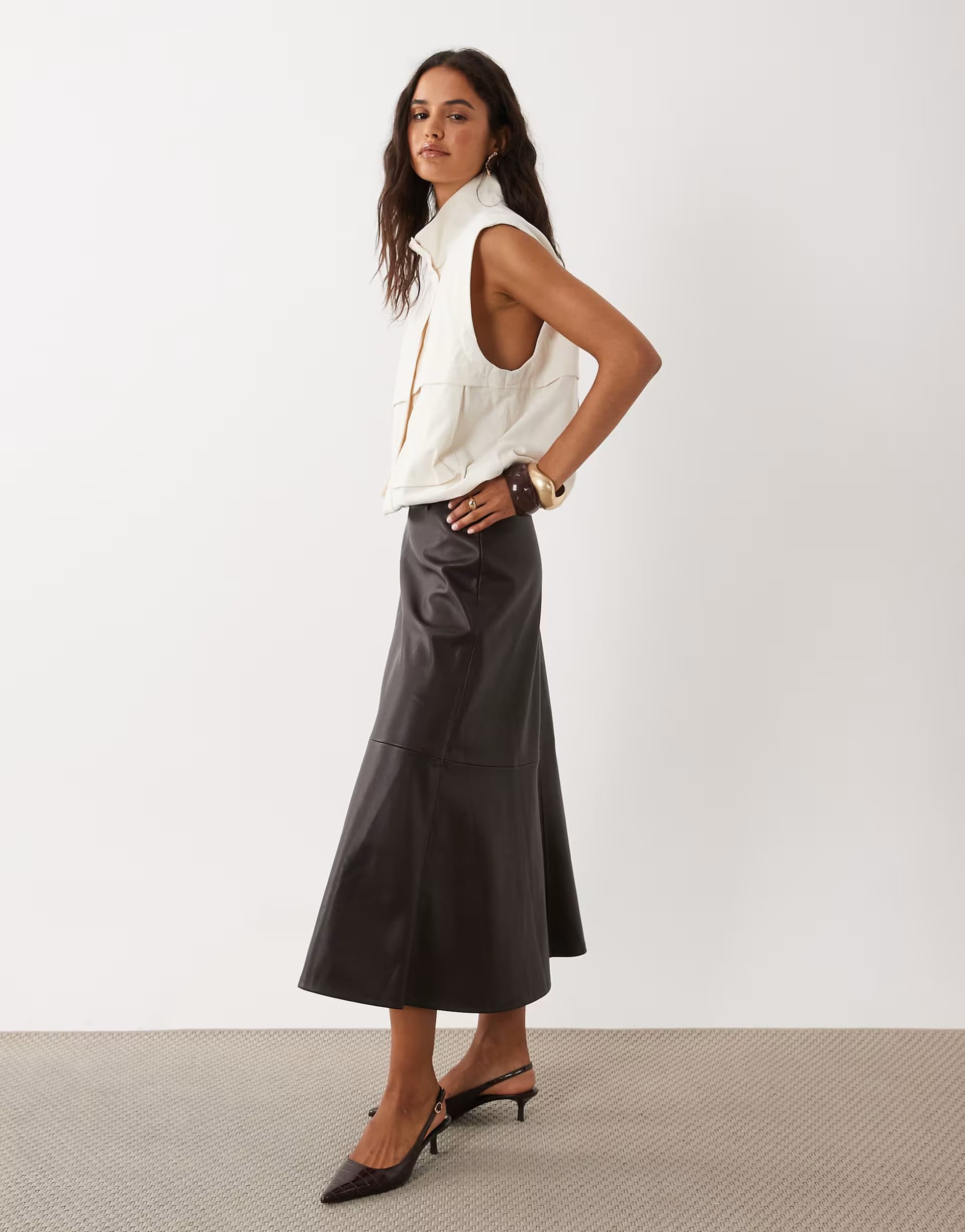 ASOS Mango faux leather midi skirt in brown