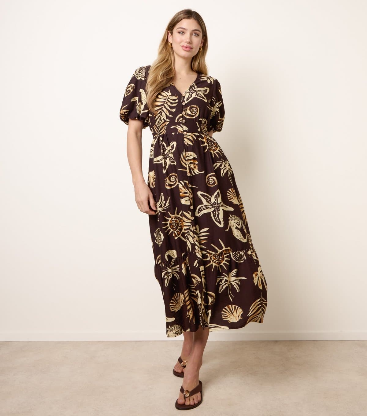 Blue Vanilla Women's Dark Brown Starfish Print Midi Dress Blue Vanilla New Look