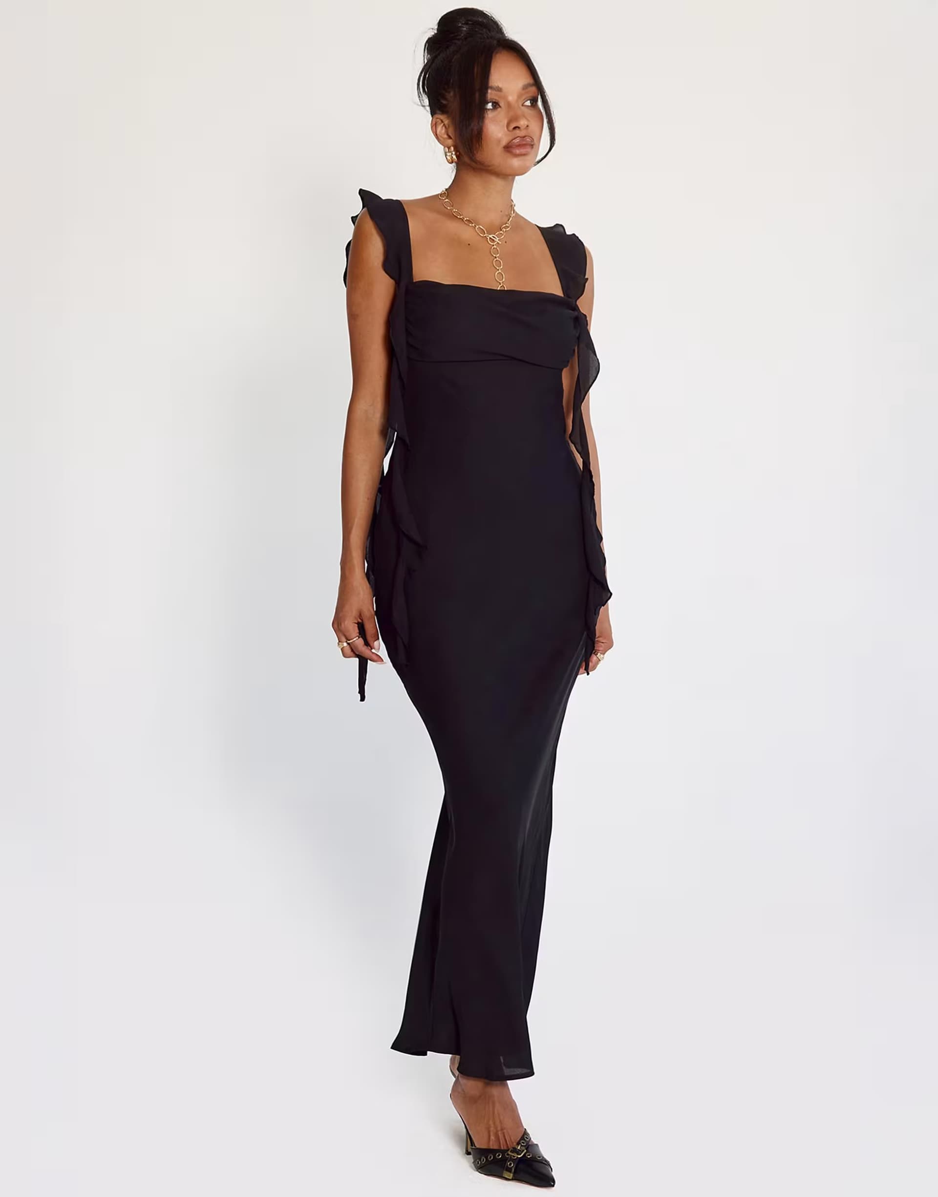ASOS Princess Polly Lanai chiffon ruffle drape detail maxi dress in black