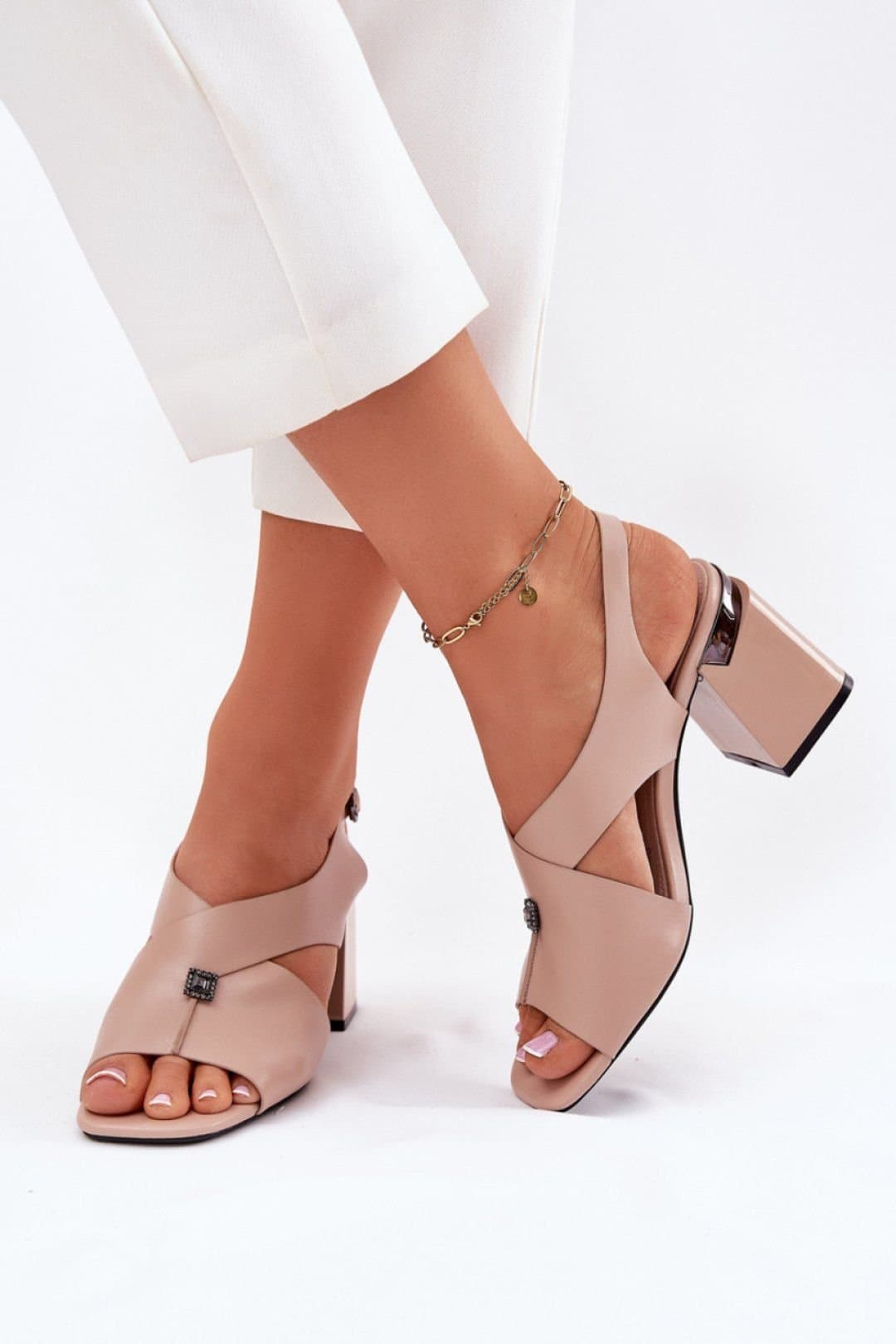 Love Lace Love Lace Beige Column Heel Buckle Sandals with Front Detail